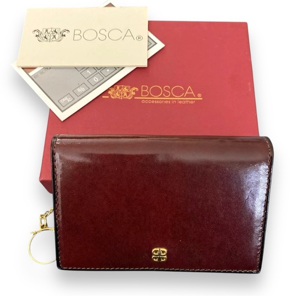 BOSCA Leather Fold Over Wallet Card Case Key Ring Burgundy